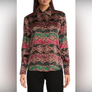 Tyler Boe Printed Long-Sleeve 100% Silk Blouse  Size 12 New without tag